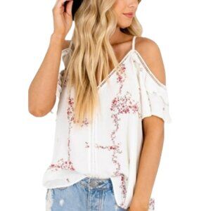 Current Air Anthropologie Nelli Ruffle Cold Shoulder White & Red Floral Top SZ M